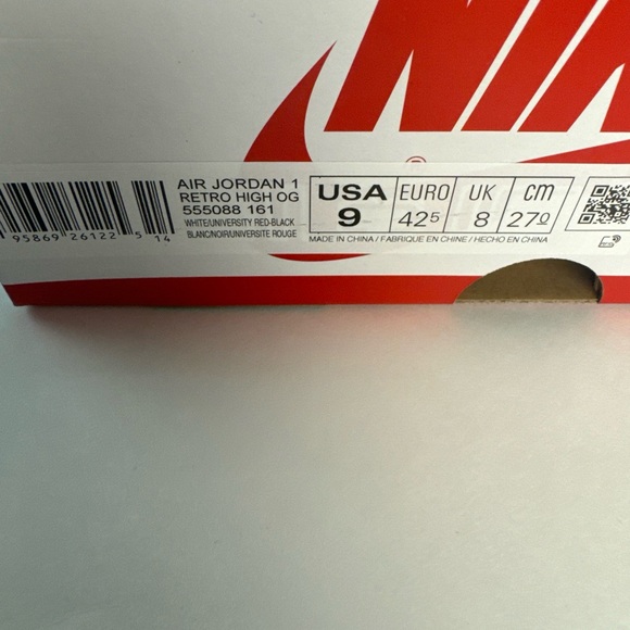 Nike Jordan 1 Retro OG white / University Red and black size 9 brand new w/ box - Picture 7 of 8
